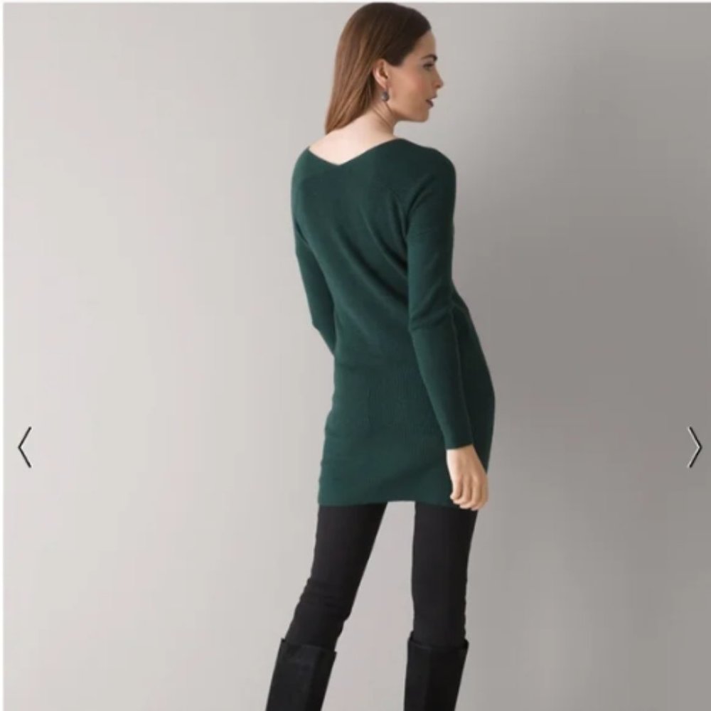 White House Black Market Dark Green V-Neck Ribbed Tunic Cashmere Sweater